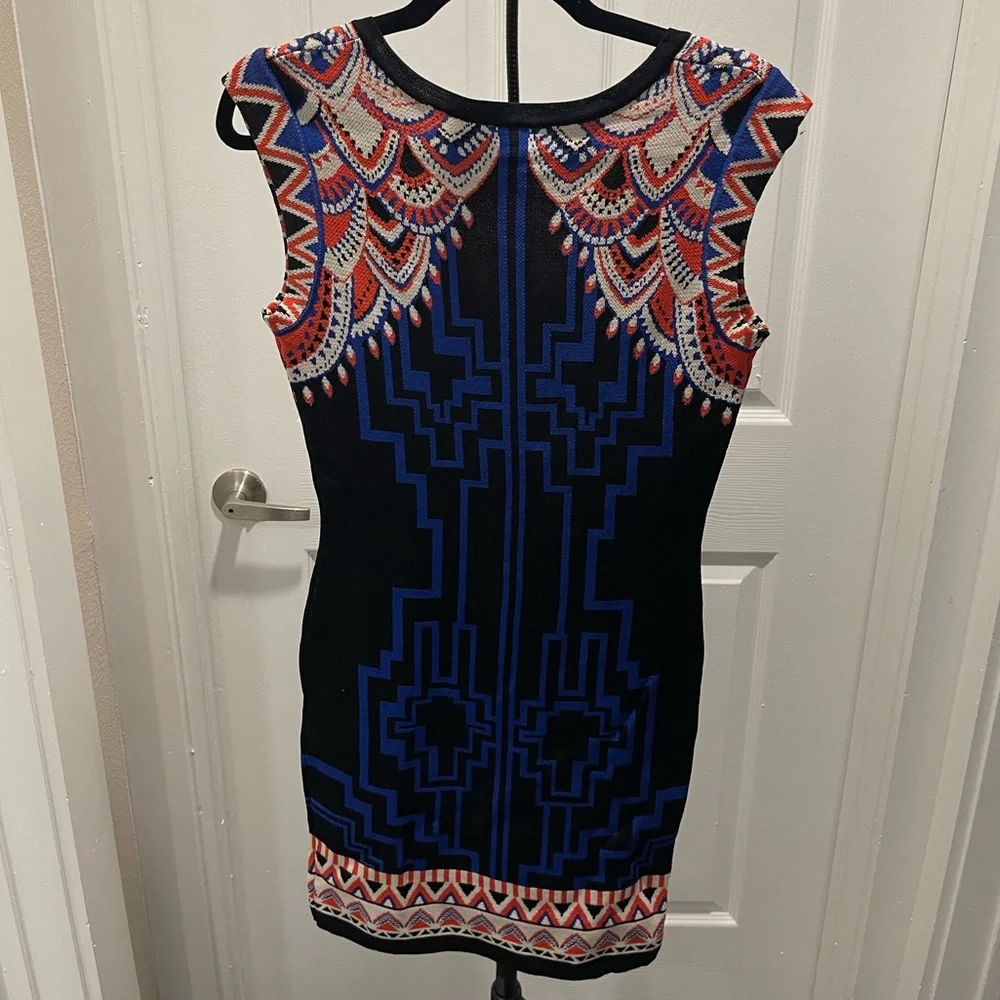 🛑 Forever 21 Black and Blue Geometric/Art Deco Bodycon Mini Dress - Picture 3 of 4